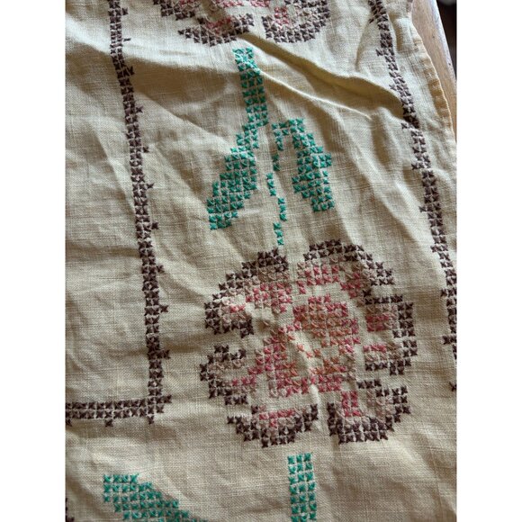 Vintage Cross Stitch Tablecloth With 4 Matching Napkins Beige Floral Design - Picture 3 of 6